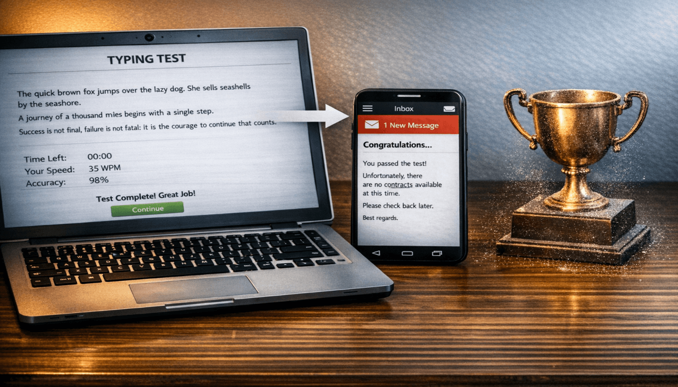 Laptop with typing test on left, email saying "Congratulations" and "No contracts available" on right, dusty trophy beside it.