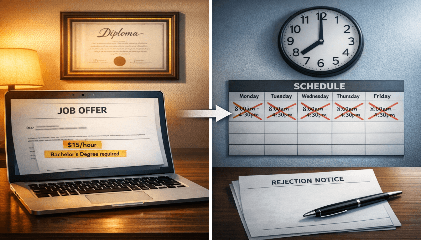 Split-screen image: job offer showing "$15/hour" and "Bachelor's Degree" on the left, a calendar blocked out Monday–Friday 8:00–4:30 on the right. A pen rests on a blank rejection slip. Represents declining a job that required a degree and full-time hours for low pay.