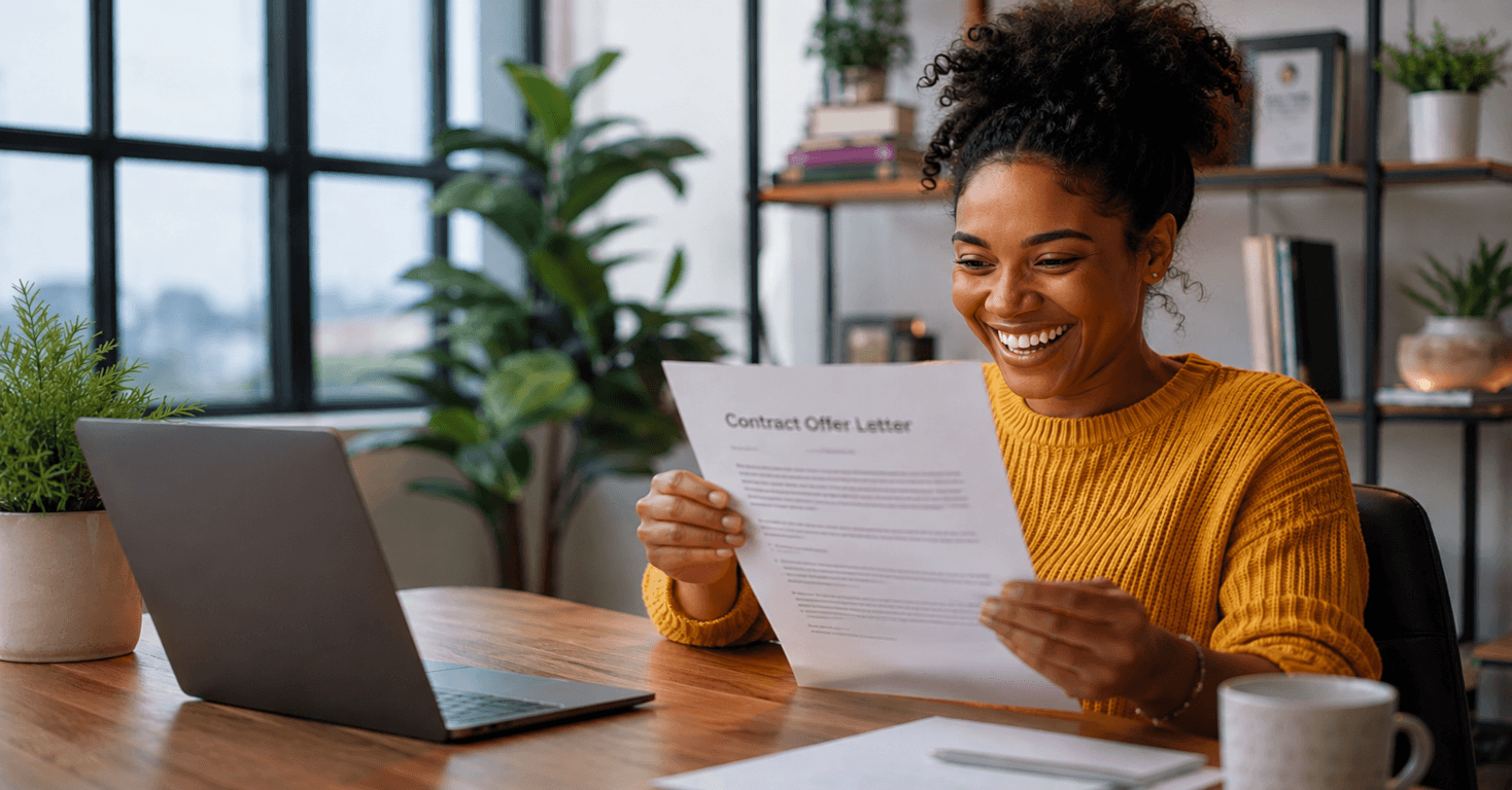 Smiling remote job applicant reading a contract offer letter after being selected for an AI evaluation contractor position in a modern home office.