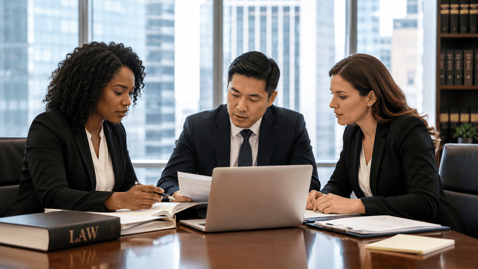 Three lawyers collaborating in a modern office setting.
